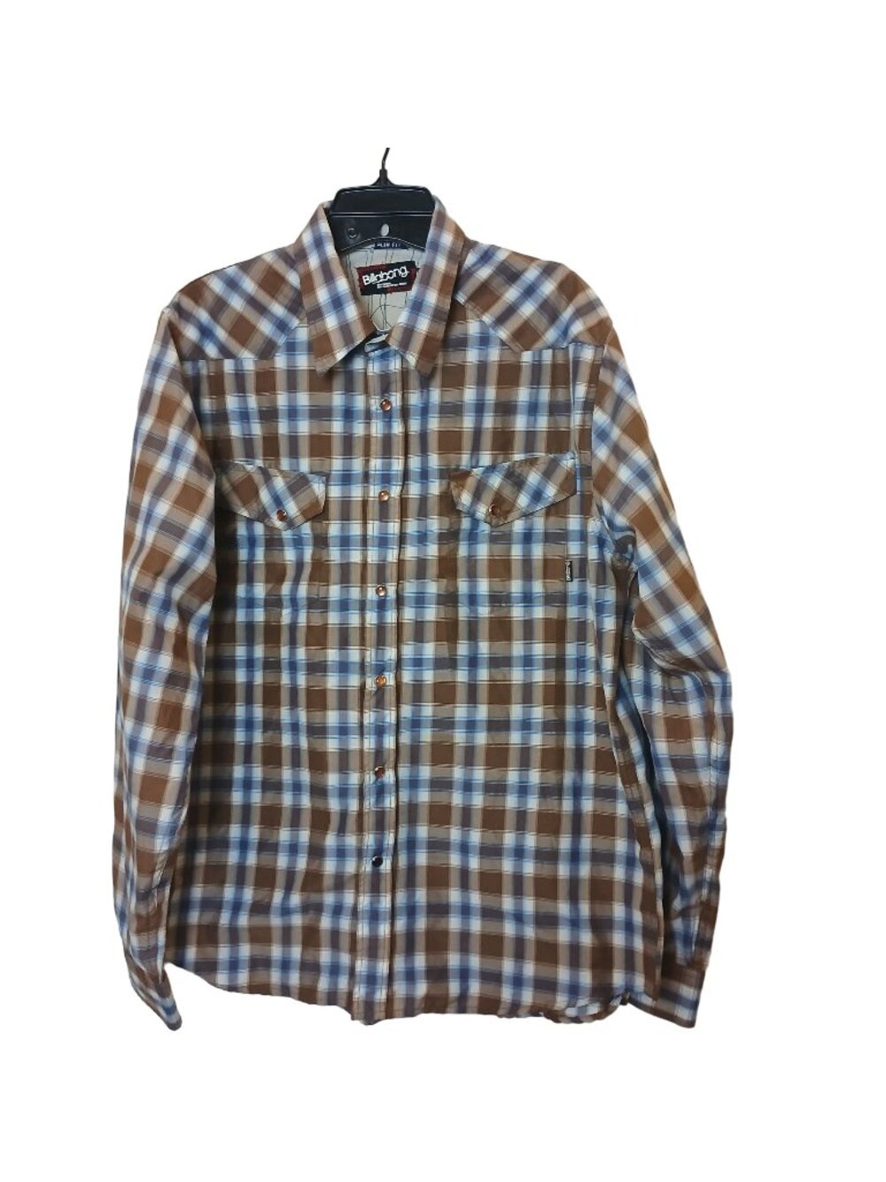 Billabong Mens Large Long Sleeve Plaid Western Shirt SlimFit Brown Blue Snap #I7